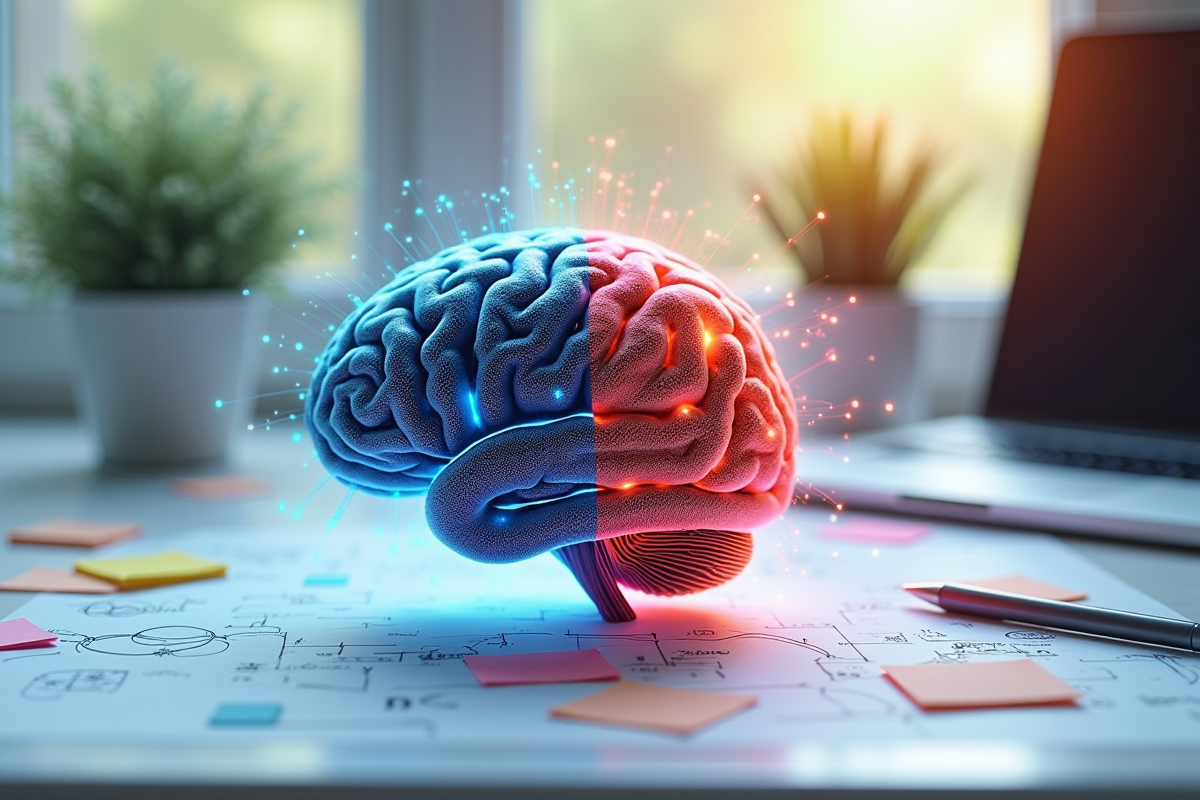 Cerveau divise entre circuits et croquis sur bureau blanc