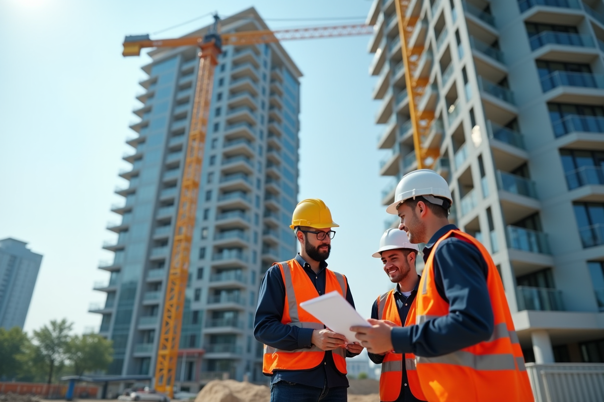 Ouvrier avec casque inspectant documents sur chantier immobilier