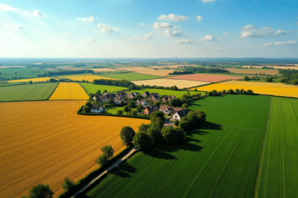 Vue aérienne d'un patchwork de champs cultivés en France