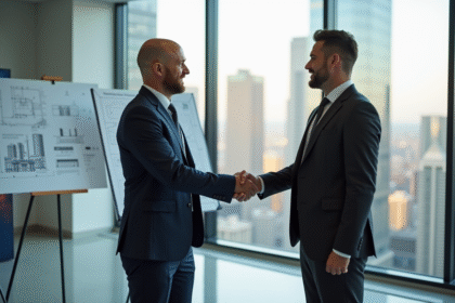 Promoteur immobilier confiant en réunion avec client devant plans