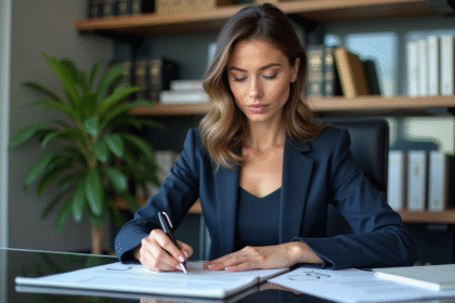 Femme d'affaires en costume dans un bureau moderne