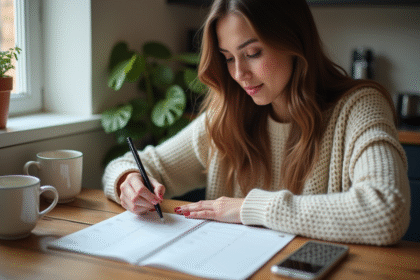Jeune femme remplissant un planner dans une cuisine chaleureuse