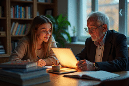 Jeune femme et homme agee apprenant ensemble avec des appareils