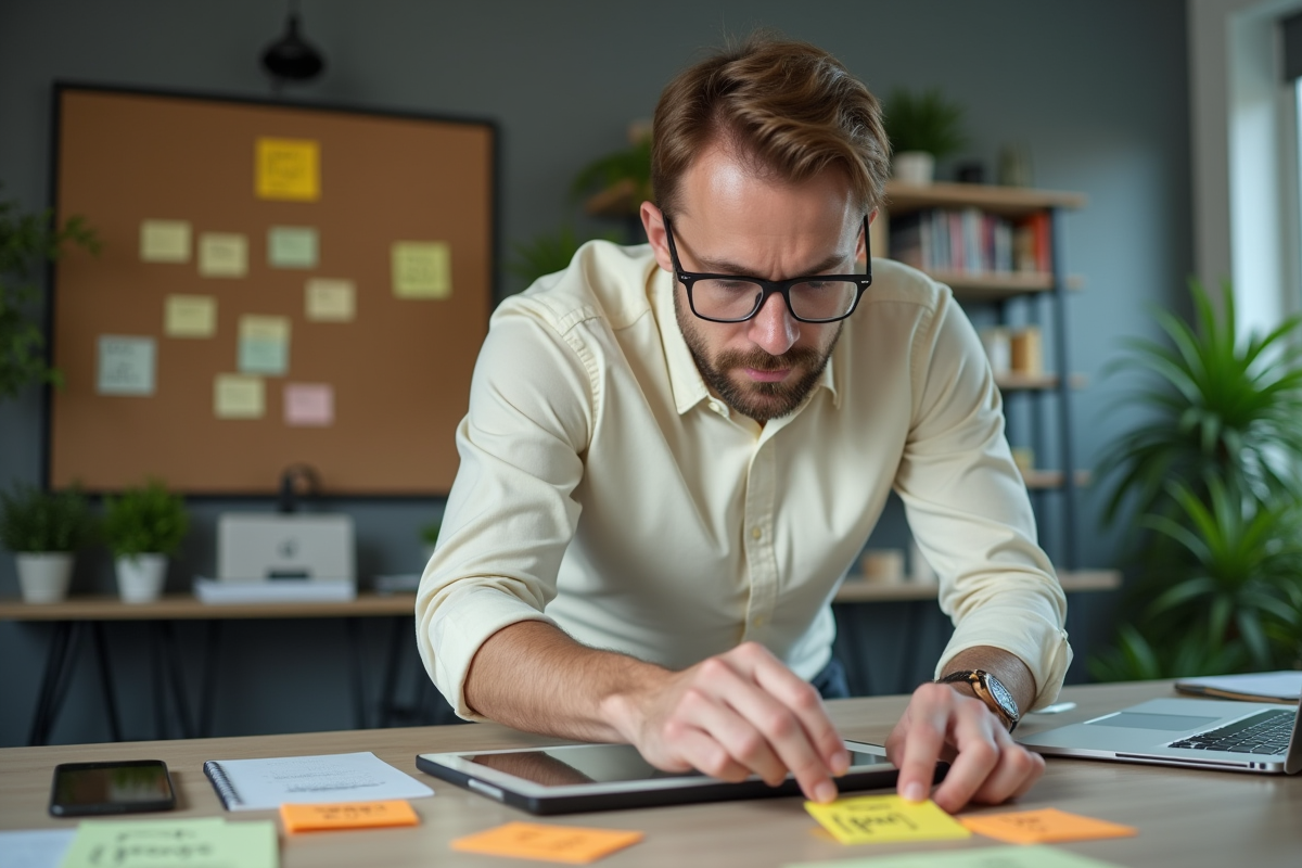 Homme arrangeant des notes sur un bureau moderne