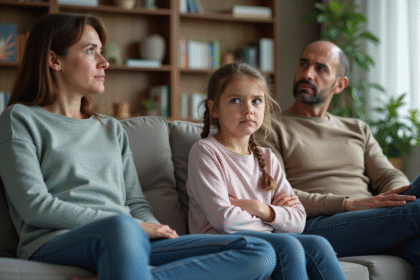 Fille preteen assise sur un canapé en famille