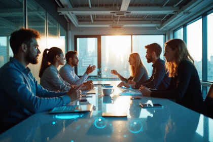 Groupe de jeunes professionnels dans un bureau moderne avec interfaces digitales