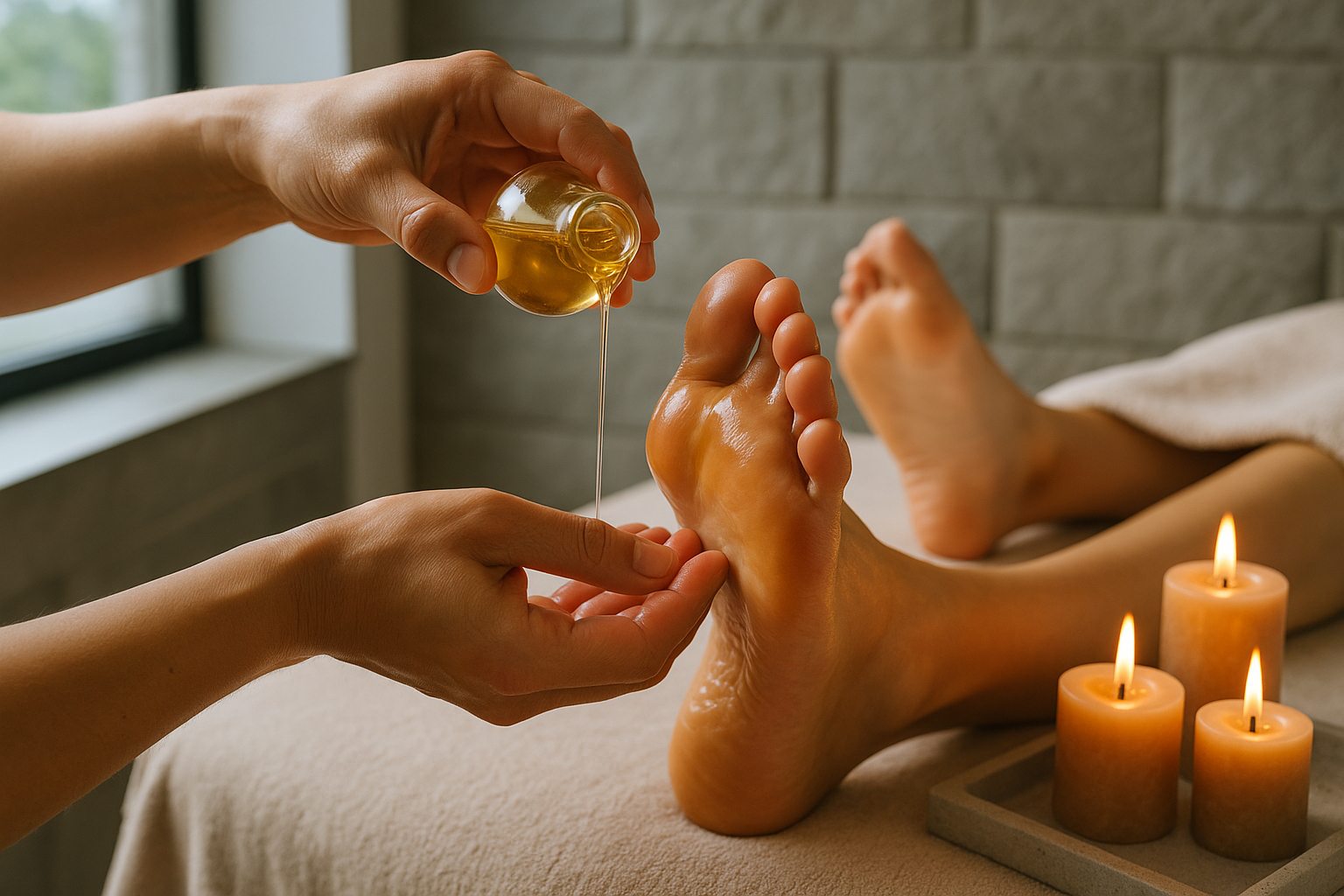 Gros plan sur des mains appliquant des huiles essentielles sur un pied