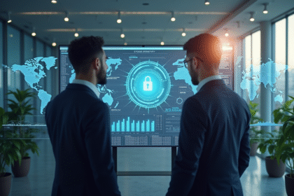 Professionnels en réunion autour d un écran blockchain lumineux