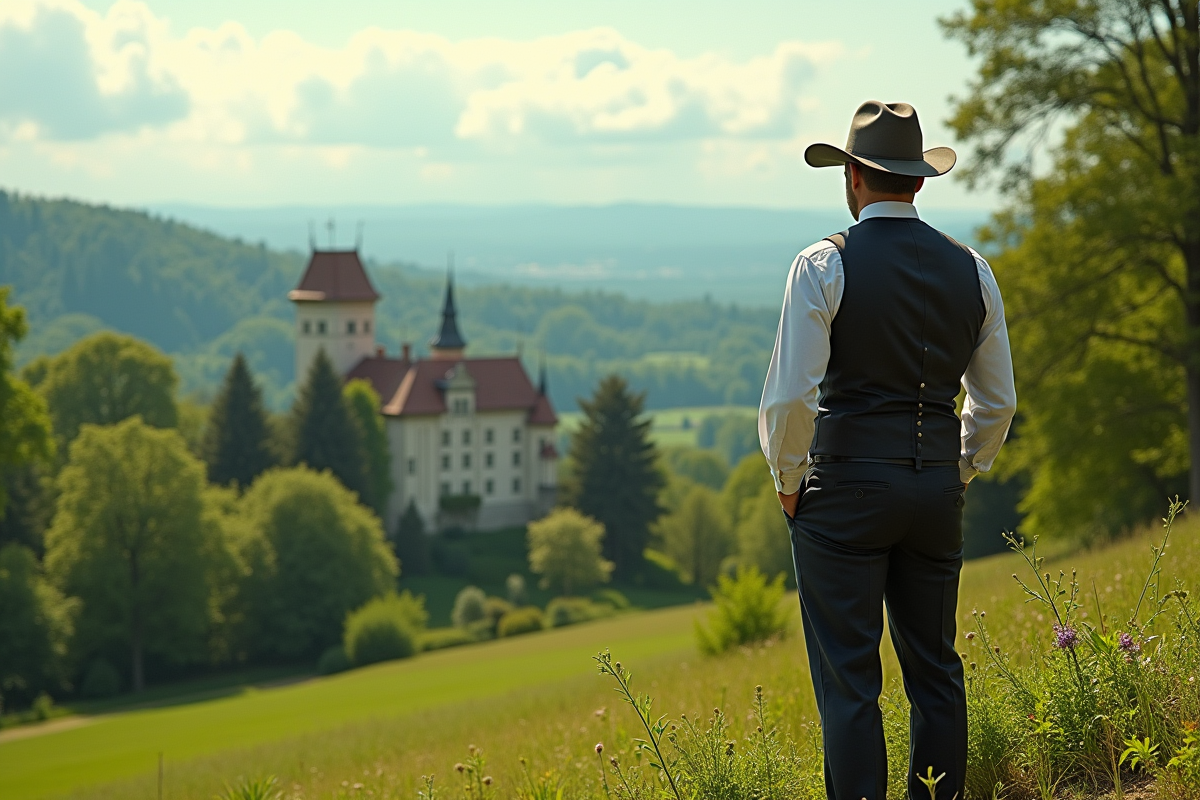 Propriétaire en tenue élégante devant son domaine rural avec château