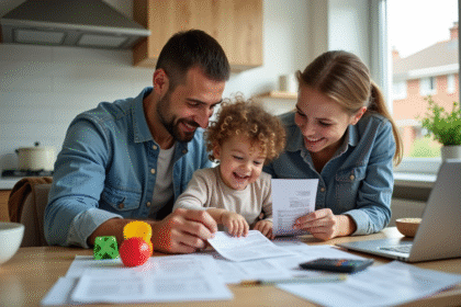 Famille jeune autour de la table avec factures et jouets