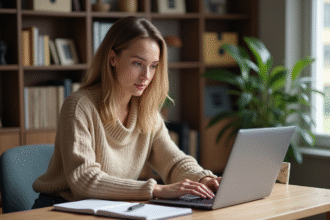 Jeune femme au bureau avec ordinateur portable beige