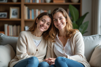 Femme et fille souriantes dans un salon chaleureux
