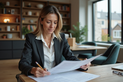 Femme d'âge moyen en tenue professionnelle examine des documents fiscaux dans un appartement moderne