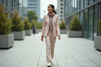 Femme élégante en blazer pastel dans une ville moderne