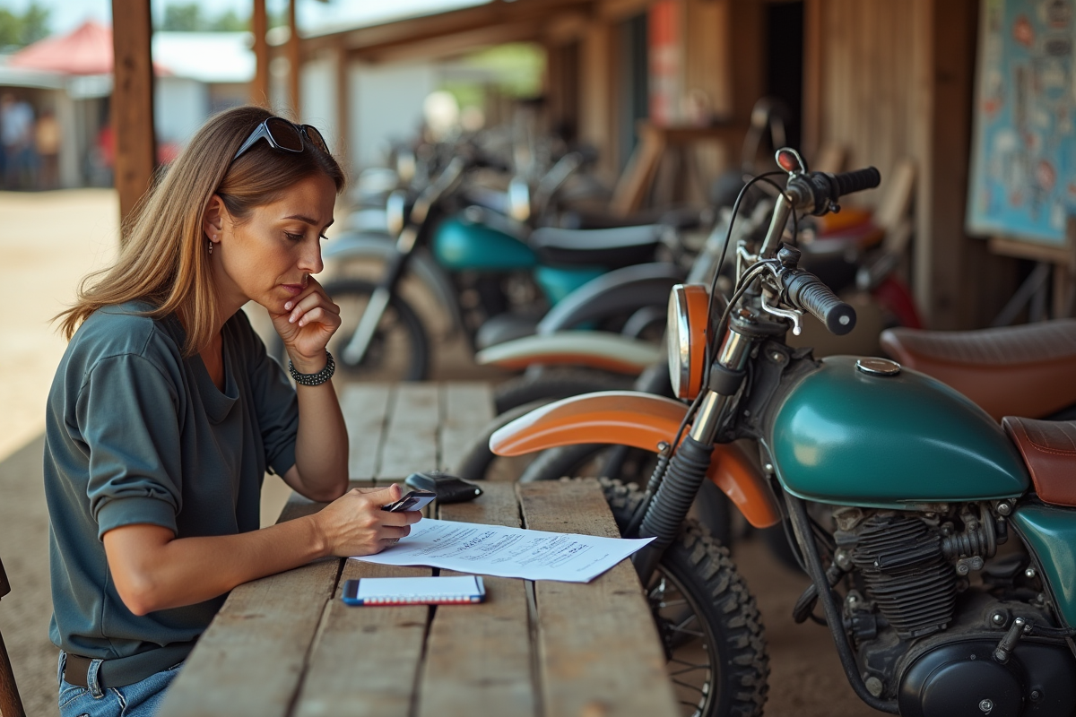 Une femme regarde une liste de prix pour une moto 125cc