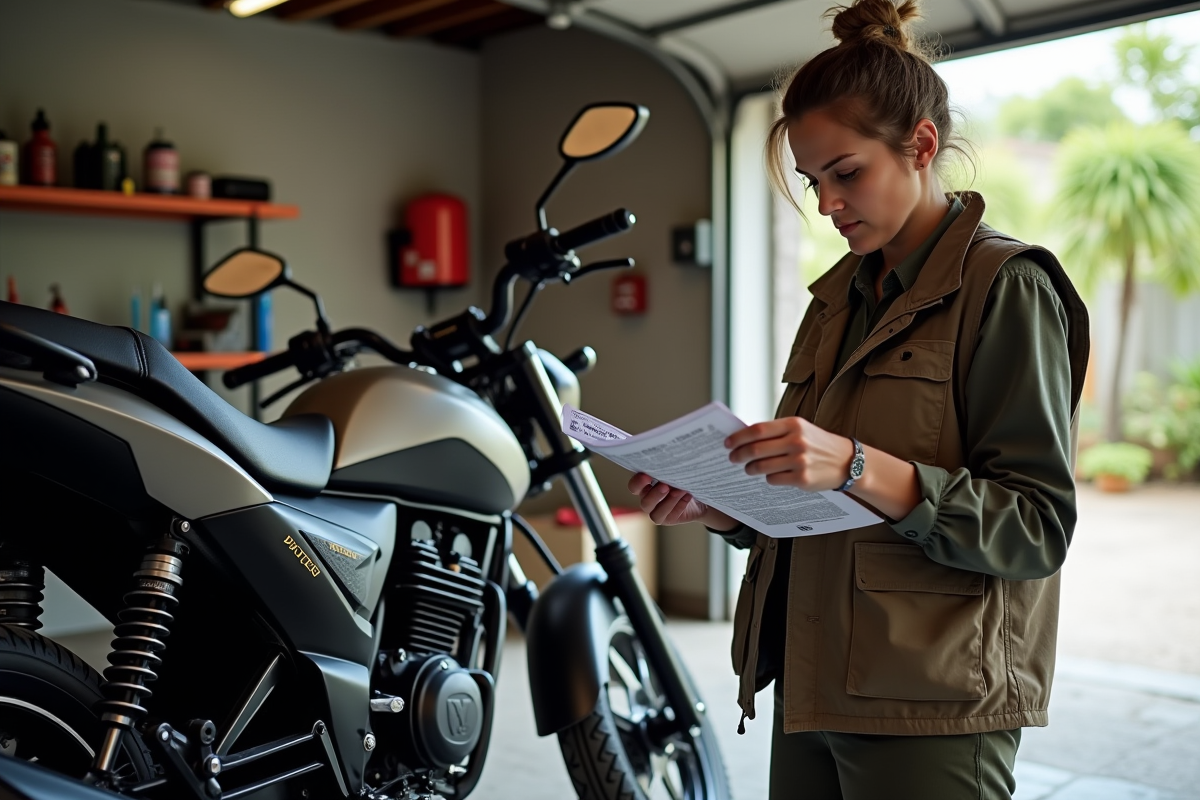 Femme lisant un manuel de réparation de moto dans un atelier