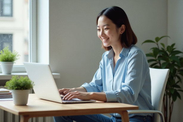 Jeune femme souriante travaillant sur son ordinateur dans un appartement