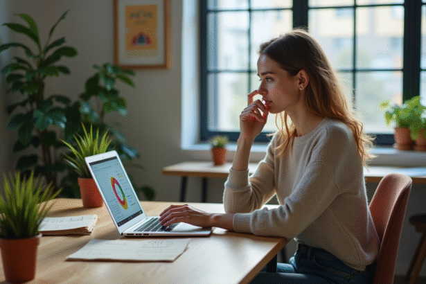 Jeune femme au bureau observant un graphique AI