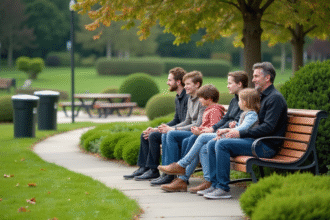 Groupe diversifié assis dans un parc urbain verdoyant