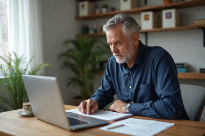 Homme d'âge moyen examine documents fiscaux à la maison