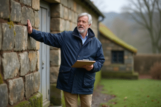 Inspecteur bâtiment examinant un vieux mur en pierre à la campagne