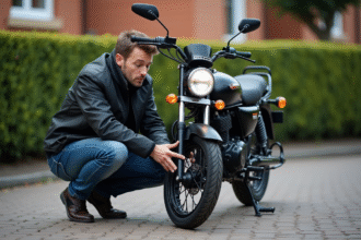 Jeune homme inspectant le frein d'une moto Avengers 125