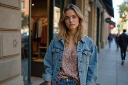 Jeune femme en denim devant boutique urbaine