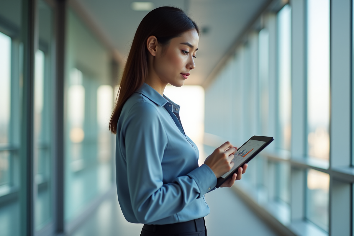 Jeune femme professionnelle avec tablette dans un couloir moderne