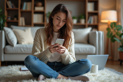 Jeune femme concentrée sur son smartphone dans un intérieur cosy
