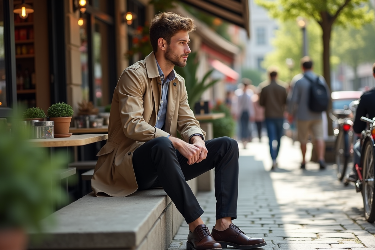 Jeune homme stylé assis dans un café en ville