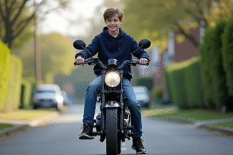 Jeune garçon en jeans et hoodie sur une moto 50cc en ville