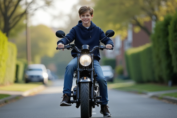Jeune garçon en jeans et hoodie sur une moto 50cc en ville