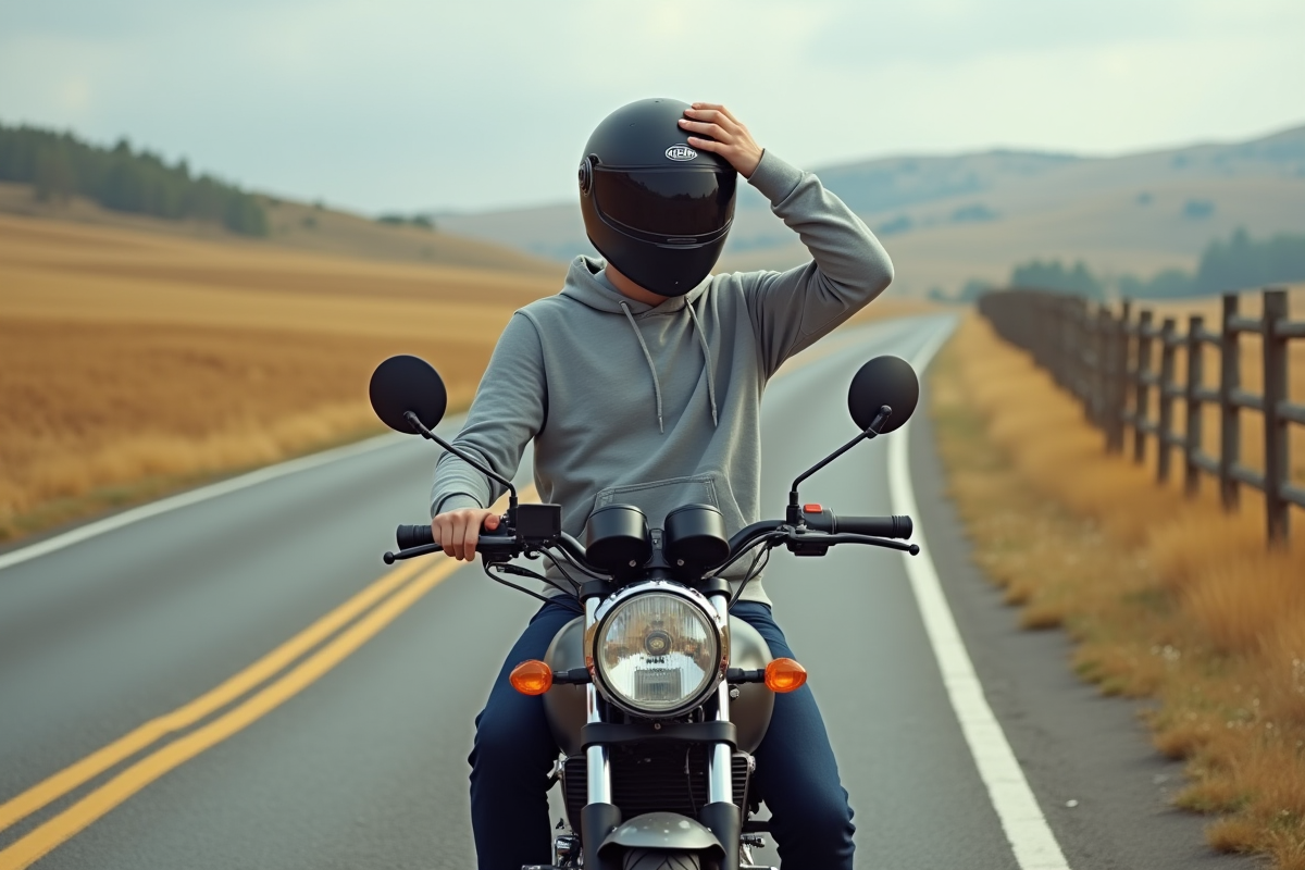 Jeune homme ajustant son casque sur moto en campagne