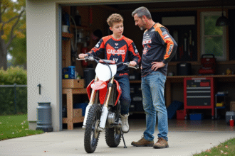Un adolescent et son père examinent une moto 125cc