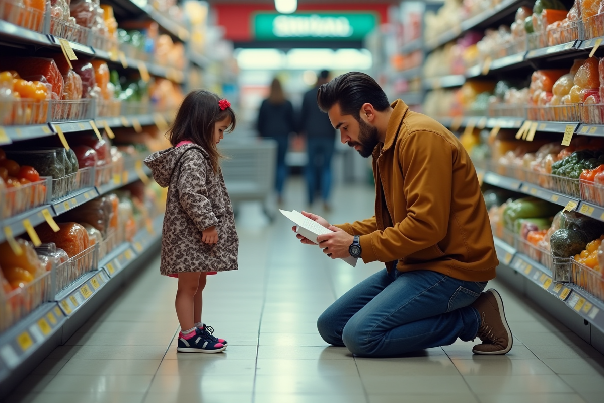 Père et fille faisant les courses dans un supermarché