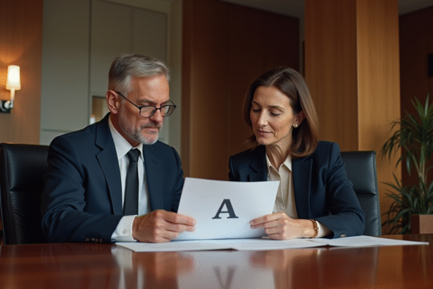 Homme et femme d'affaires en réunion avec document A T A