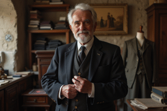 Tailleur âgé dans une boutique ancienne avec tissus et outils