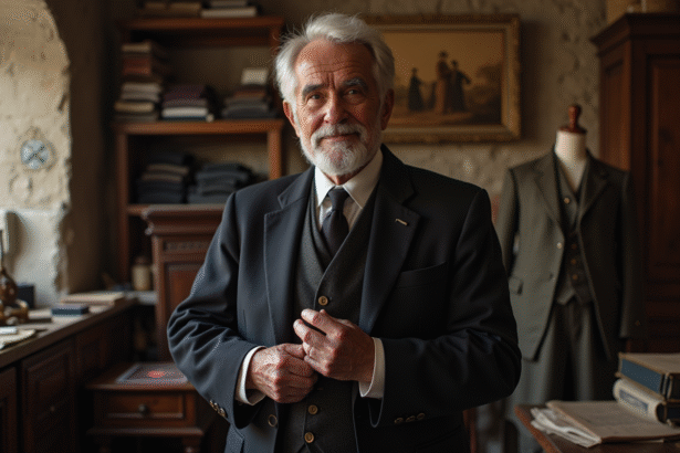 Tailleur âgé dans une boutique ancienne avec tissus et outils