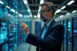 Chercheur en laboratoire travaillant sur des algorithmes quantiques