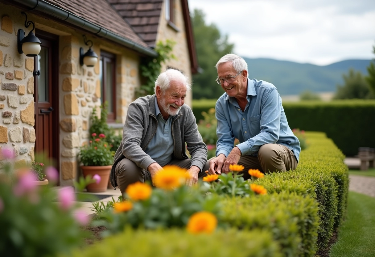 Couple retraité dans un jardin de campagne en train de discuter
