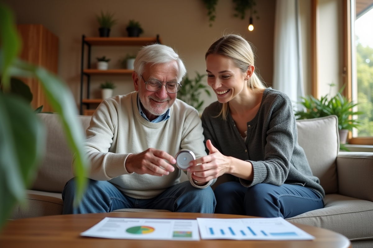 Jeune conseillère energie montre un thermostat a une personne agee dans un salon chaleureux