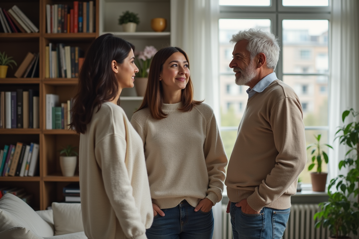 Famille discutant dans le salon moderne et lumineux