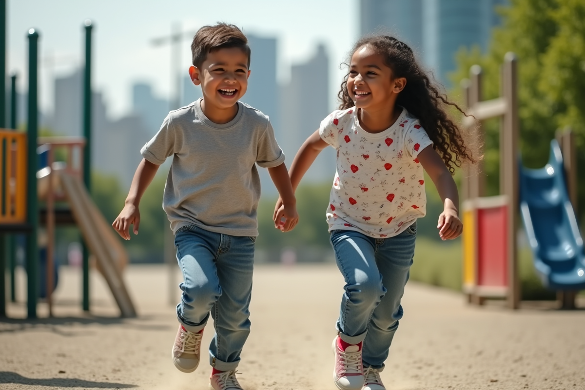 Deux enfants jouent dans un parc urbain en plein air