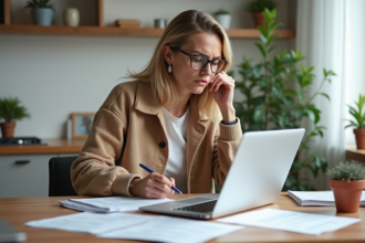Femme d'âge moyen travaillant à la maison avec papiers et ordinateur