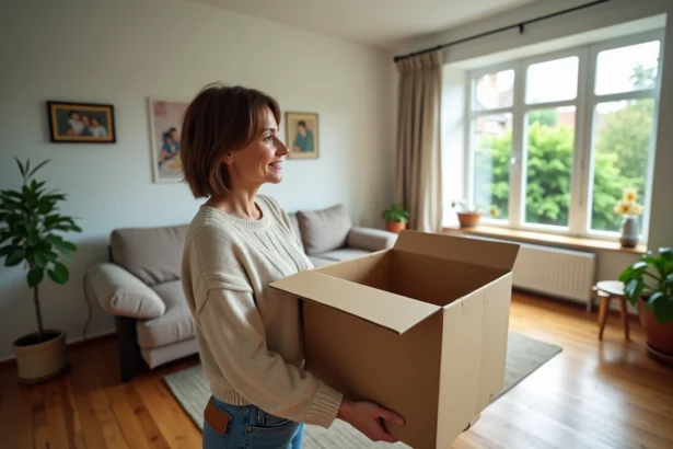Femme de 40 ans debout dans un salon en train de déballer des cartons