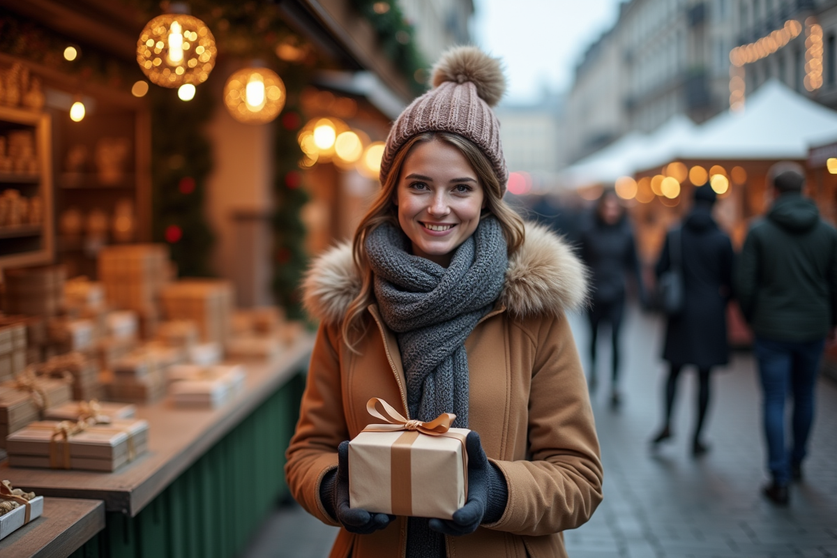 Femme souriante portant un cadeau de Noël dans un marché hivernal