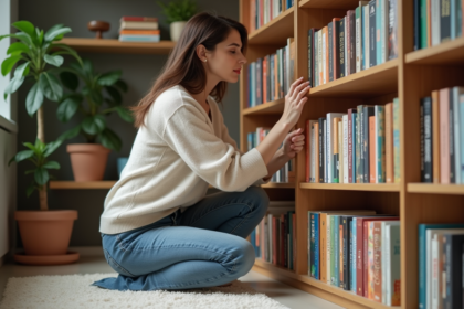 Femme arrangeant des livres colorés sur une étagère moderne