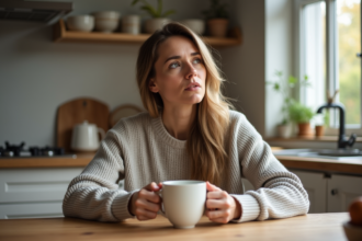 Femme pensant dans une cuisine lumineuse et moderne