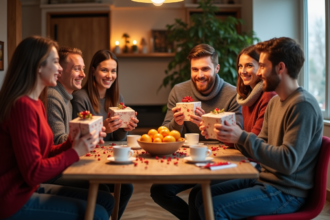 Groupe d'amis échangeant des cadeaux de Noël dans un salon chaleureux