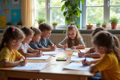 Enfants autour d'une table en classe créative